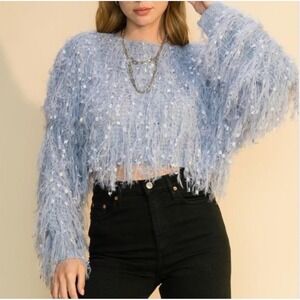 Altar'd State Sweater Shaggy Cropped Medium Blue Fuzzy Fringe Eyelash Knit Boho